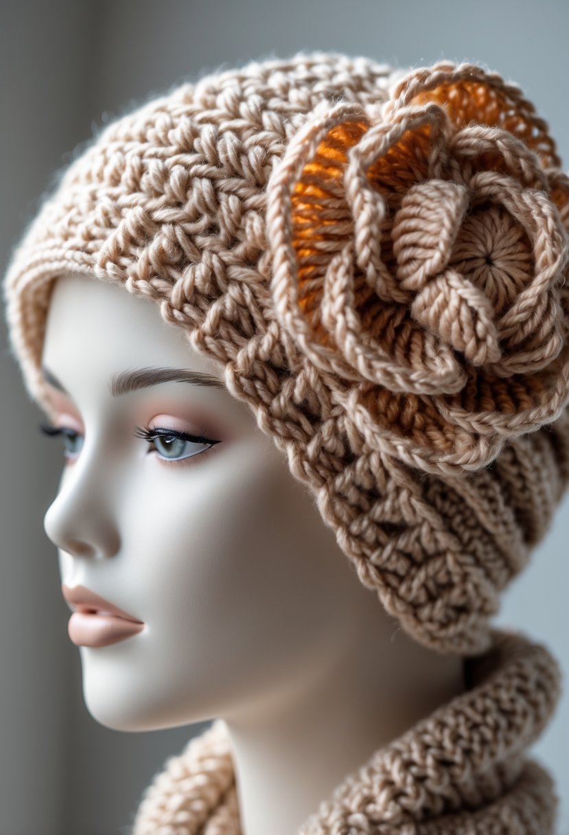 Close-up of a crochet ear warmer with a flower detail displayed on a neutral background.