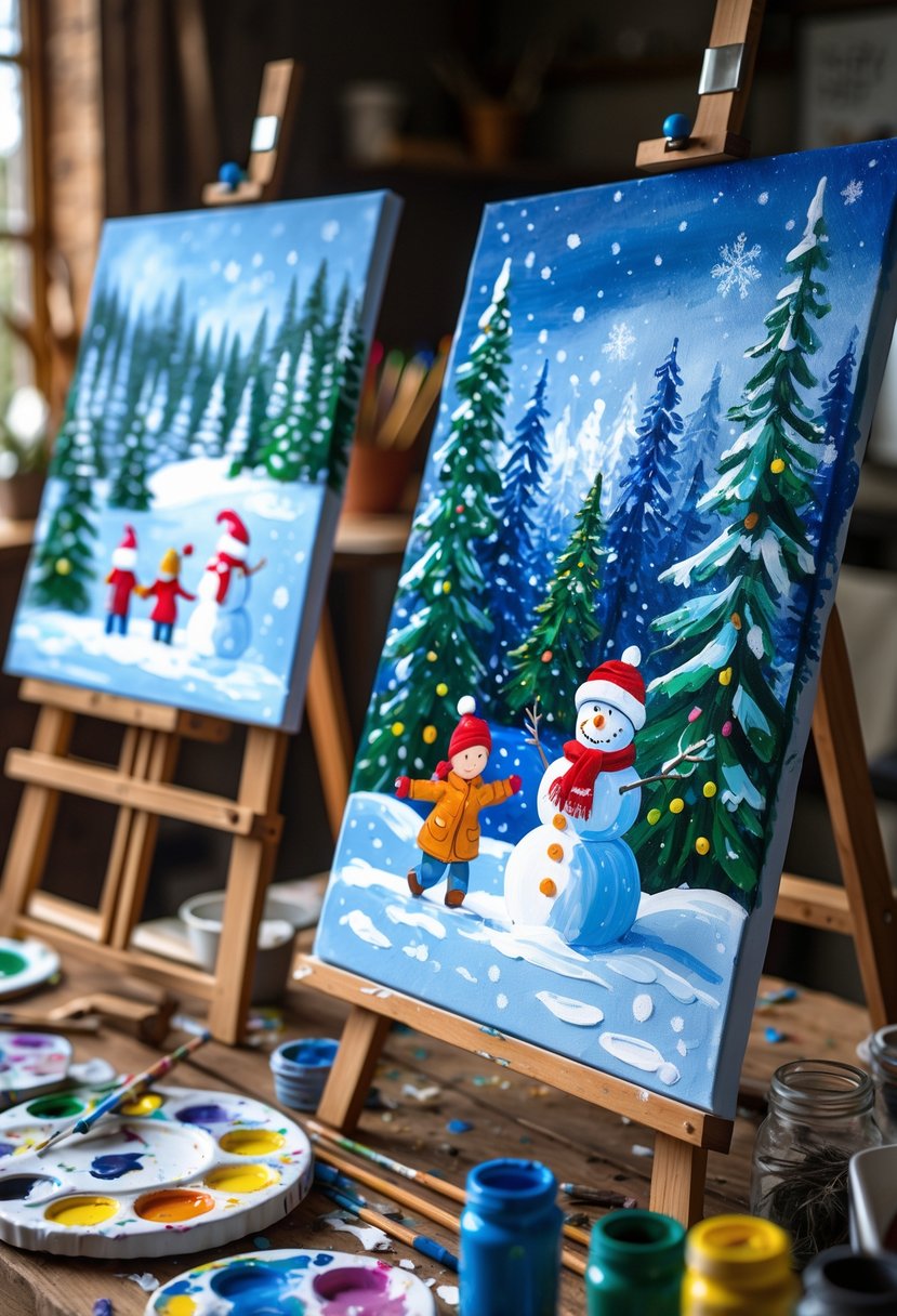 A collection of hand-painted winter scene canvases displayed on a table with art supplies in a cozy indoor setting.