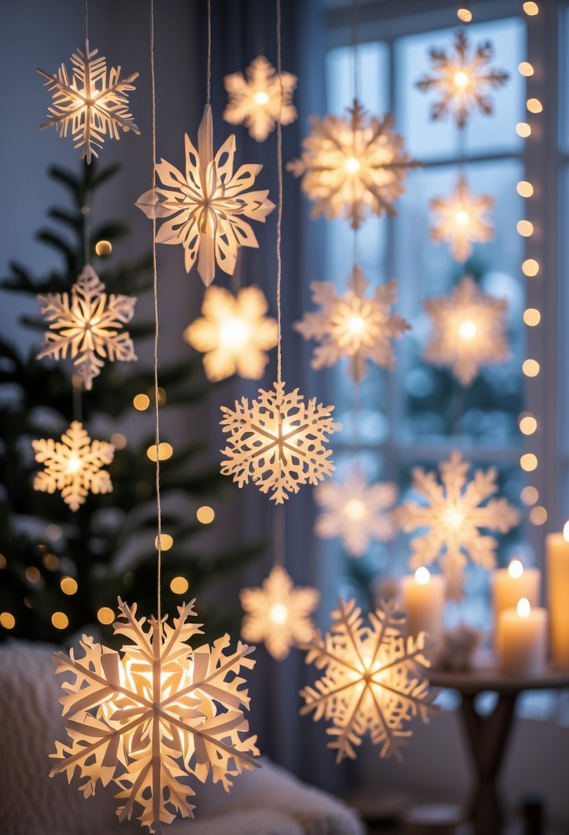 A group of 17 glowing paper snowflake lanterns hanging indoors with winter decorations in the background.