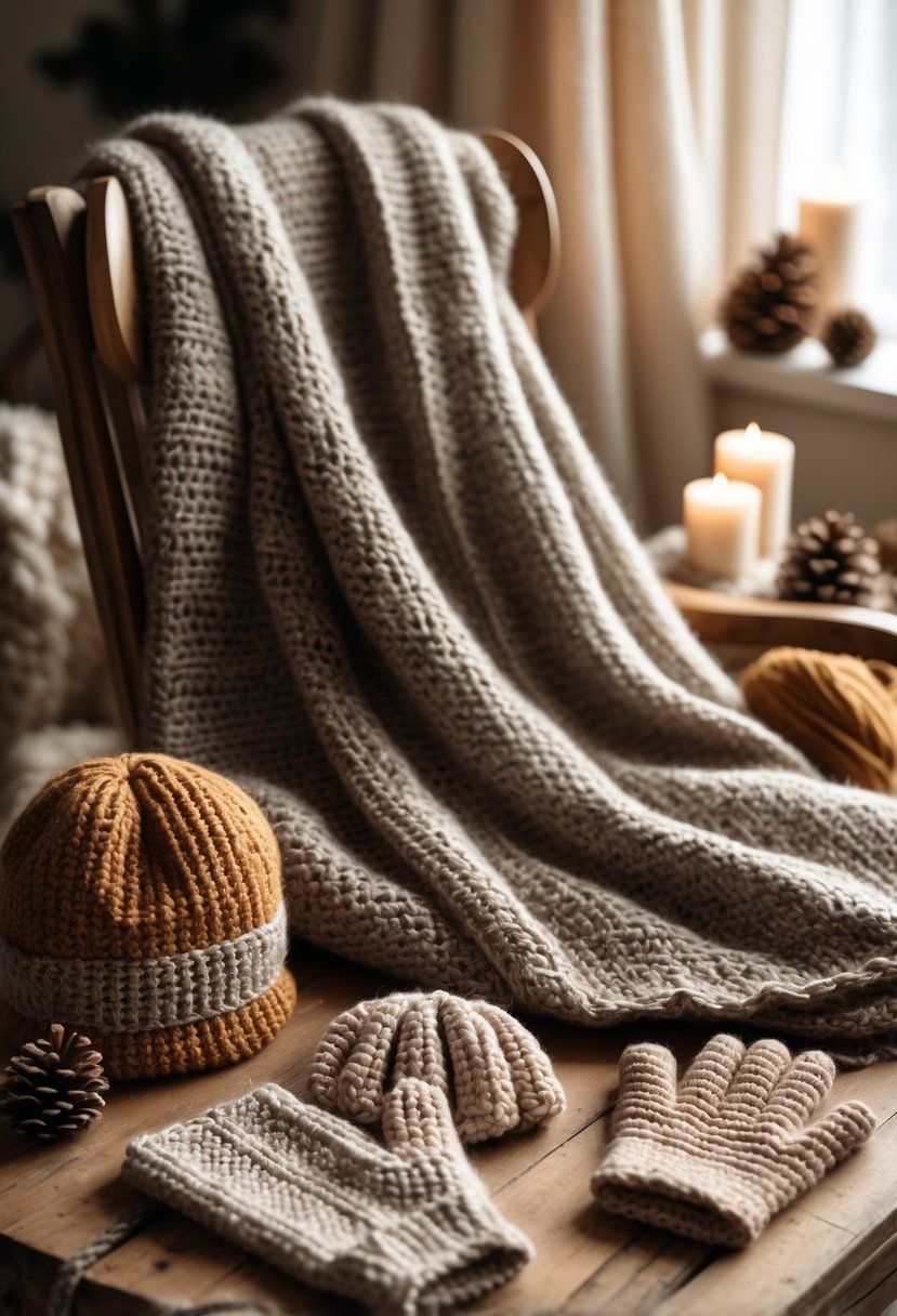 A luxurious alpaca blend shawl draped over a chair surrounded by 15 crochet winter accessories arranged on a wooden table in a cozy indoor setting.