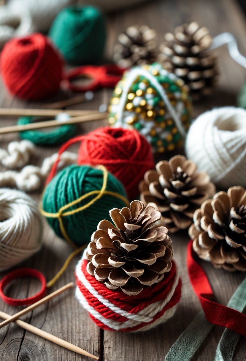 Close-up of pinecone ornaments wrapped in colorful yarn placed on a wooden surface with crafting supplies around them.