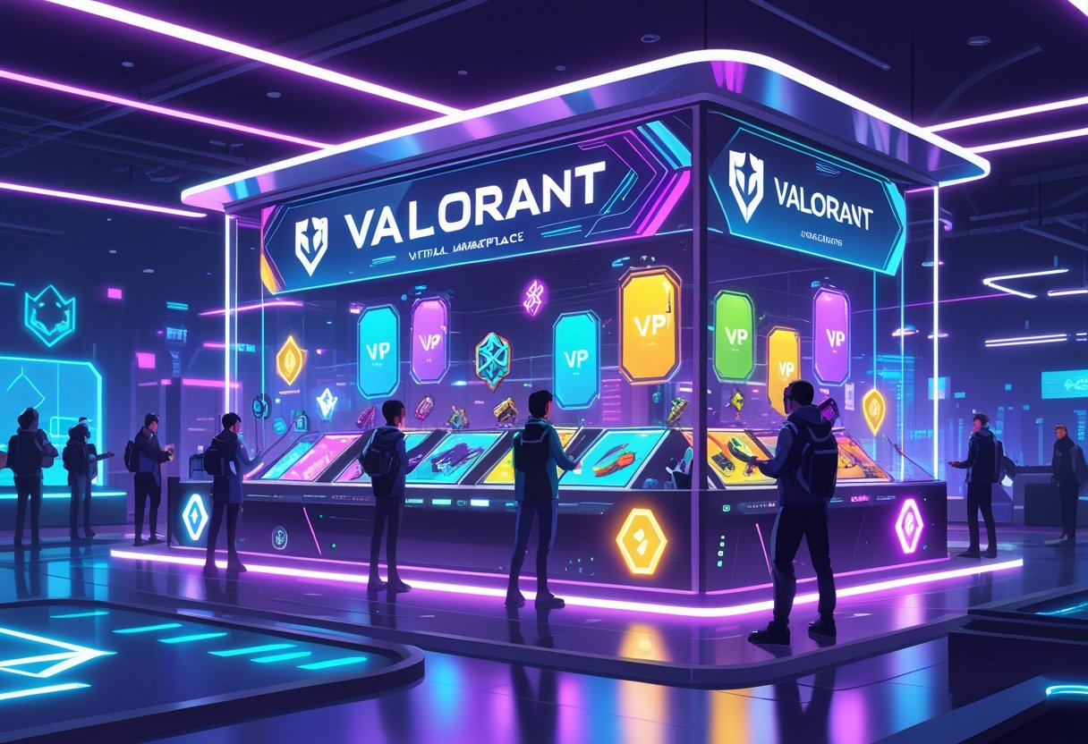 A futuristic digital marketplace displaying Valorant weapon skins, VP points icons, and ranked account badges with avatars browsing the items.
