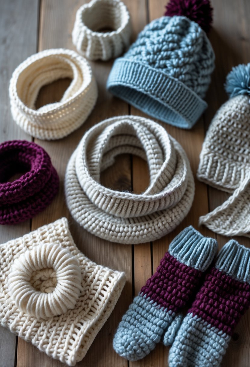 A collection of 15 crochet winter accessories including infinity loops, scarves, hats, and mittens displayed on a wooden surface.