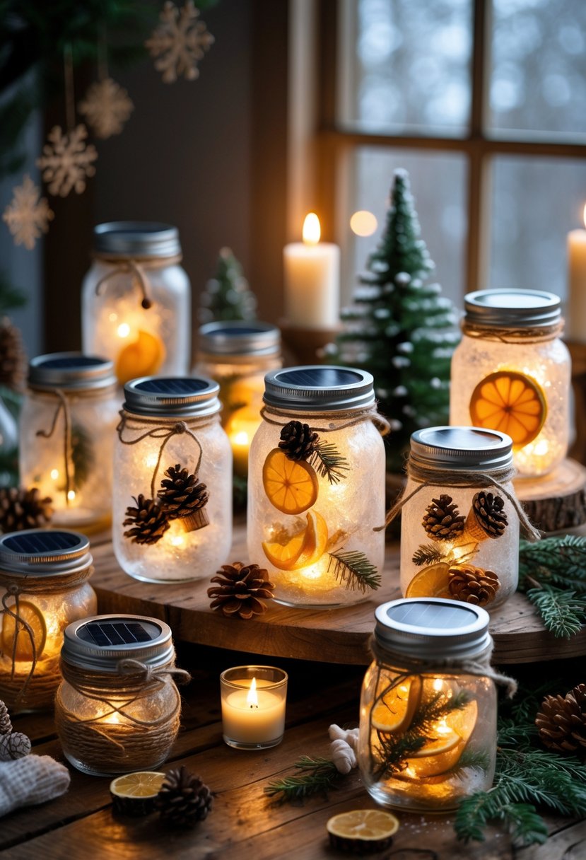 A collection of solar jar light catchers decorated with winter-themed elements glowing warmly on a wooden table.