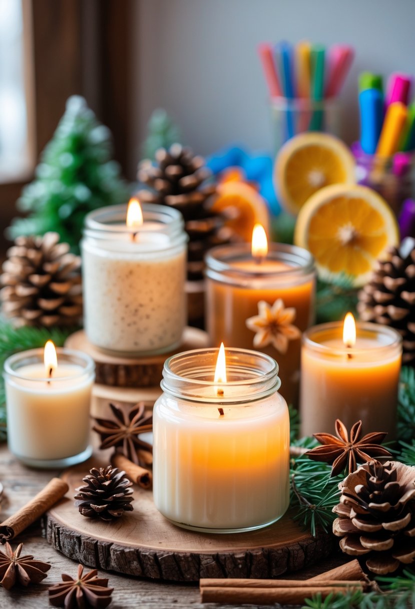 A collection of homemade winter candles lit on a wooden table surrounded by pine cones, cinnamon sticks, and dried orange slices.