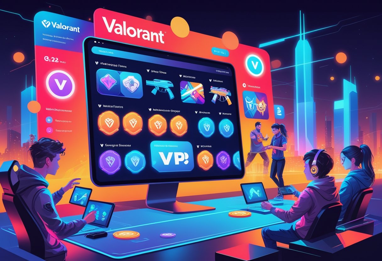 A futuristic digital marketplace showing Valorant weapon skins, digital tokens, and ranked account badges with gamers interacting through holographic screens in a neon-lit city environment.