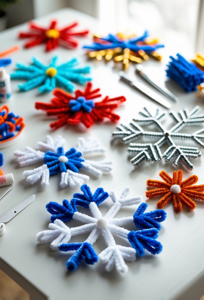 Colorful pipe cleaner snowflake decorations arranged on a white table with crafting supplies nearby.