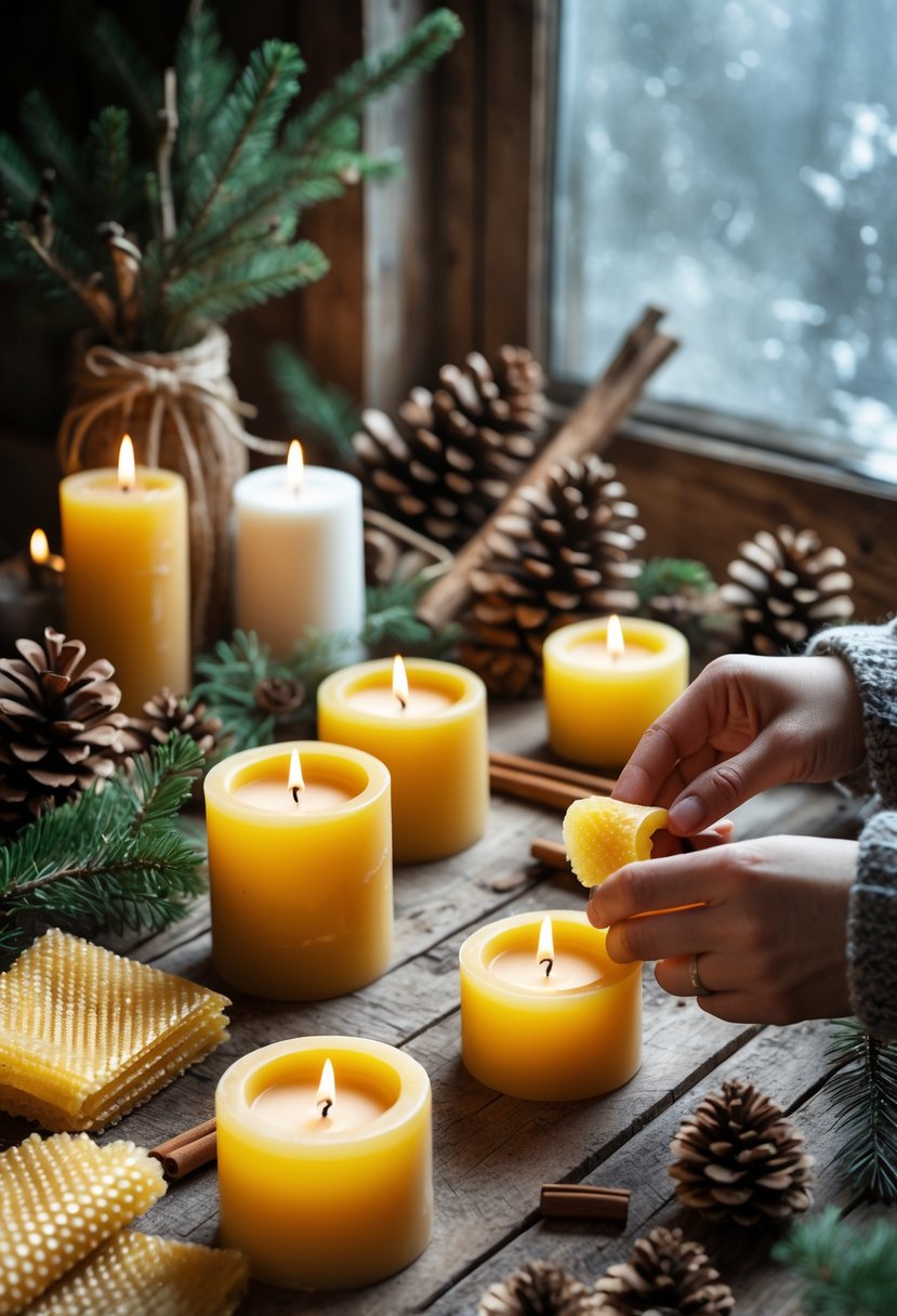 Hands making beeswax candles on a wooden table with natural winter craft materials and lit candles glowing warmly.