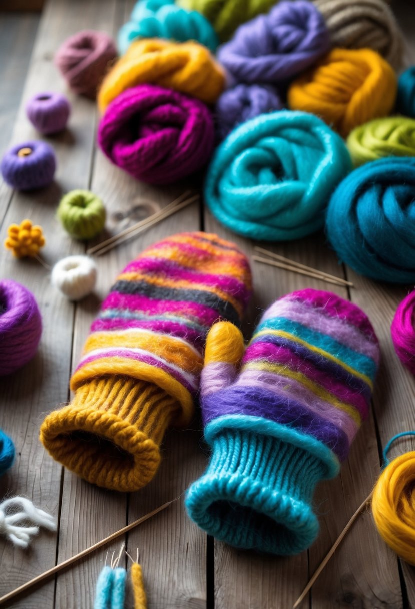 A pair of colorful felted wool mittens on a wooden table surrounded by wool roving and felting tools.