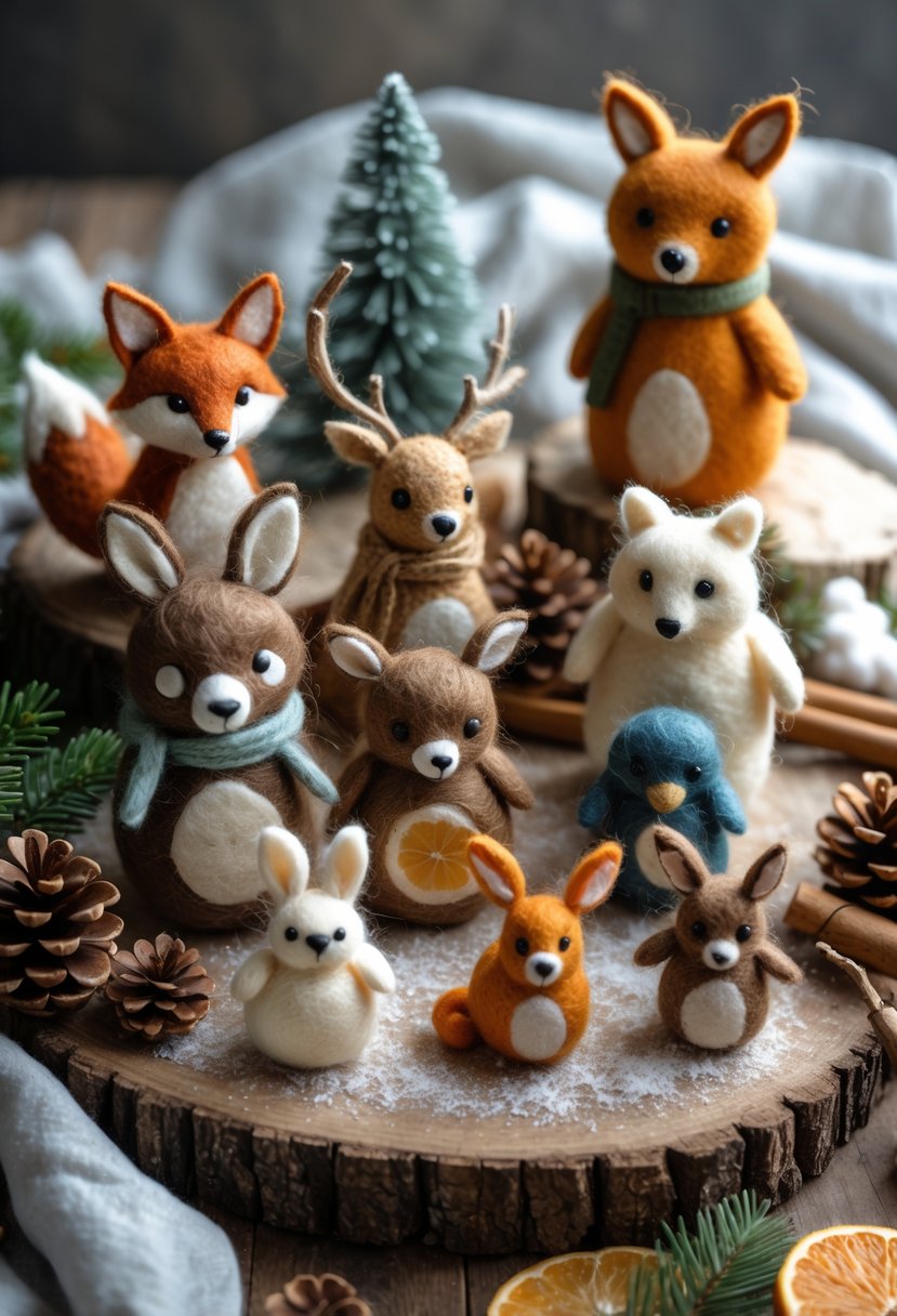 A collection of 17 wool felted animal figures representing winter solstice themes arranged on a wooden surface with pinecones and winter decorations.