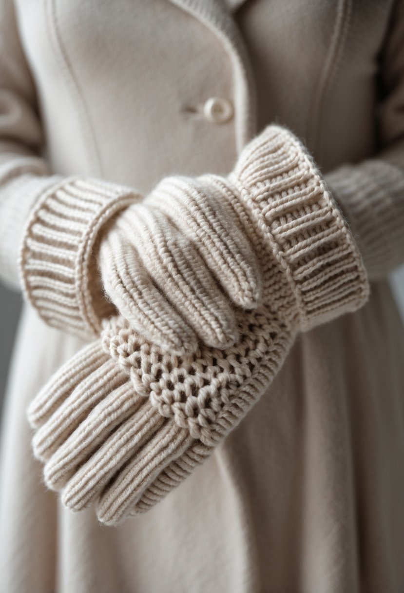 A pair of crochet gloves with ribbed cuffs placed on a neutral surface.