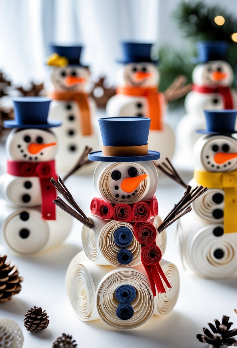 A group of colorful paper quilled snowmen with scarves and hats arranged on a white surface with winter decorations around them.
