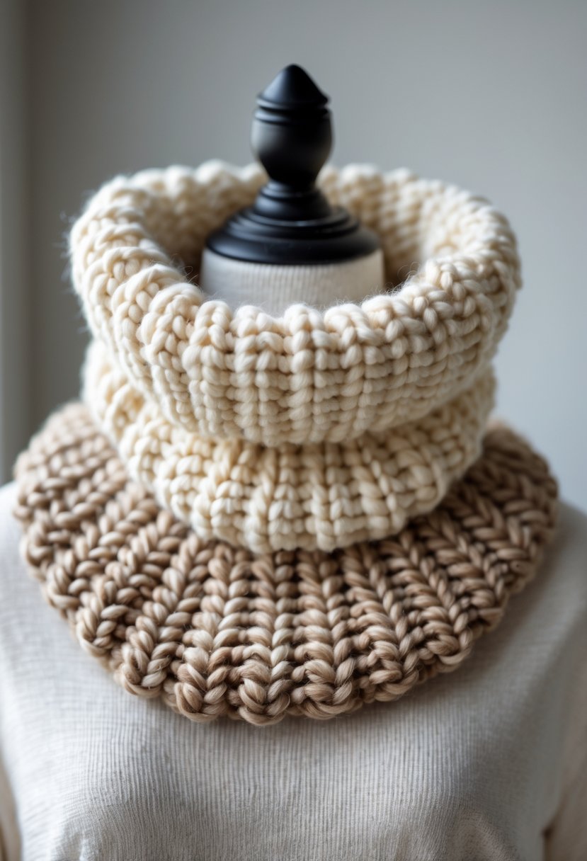 Close-up of a cozy puff stitch crochet neck warmer displayed on a mannequin, showcasing its thick, textured yarn in warm winter colors.
