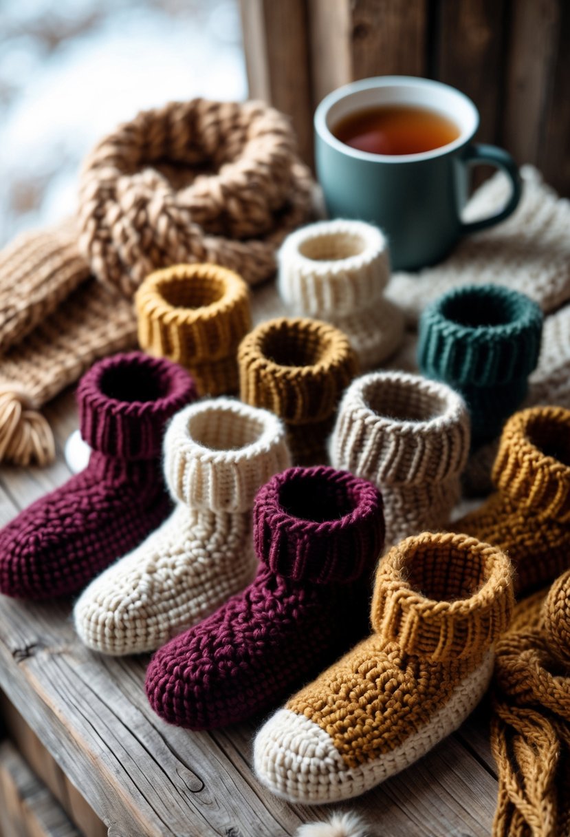 A collection of warm crochet boot cuffs and winter accessories arranged on a wooden surface with soft lighting.