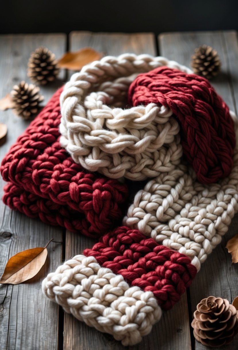 Chunky yarn crochet blanket and scarf displayed on a wooden surface with pine cones and dried leaves nearby.