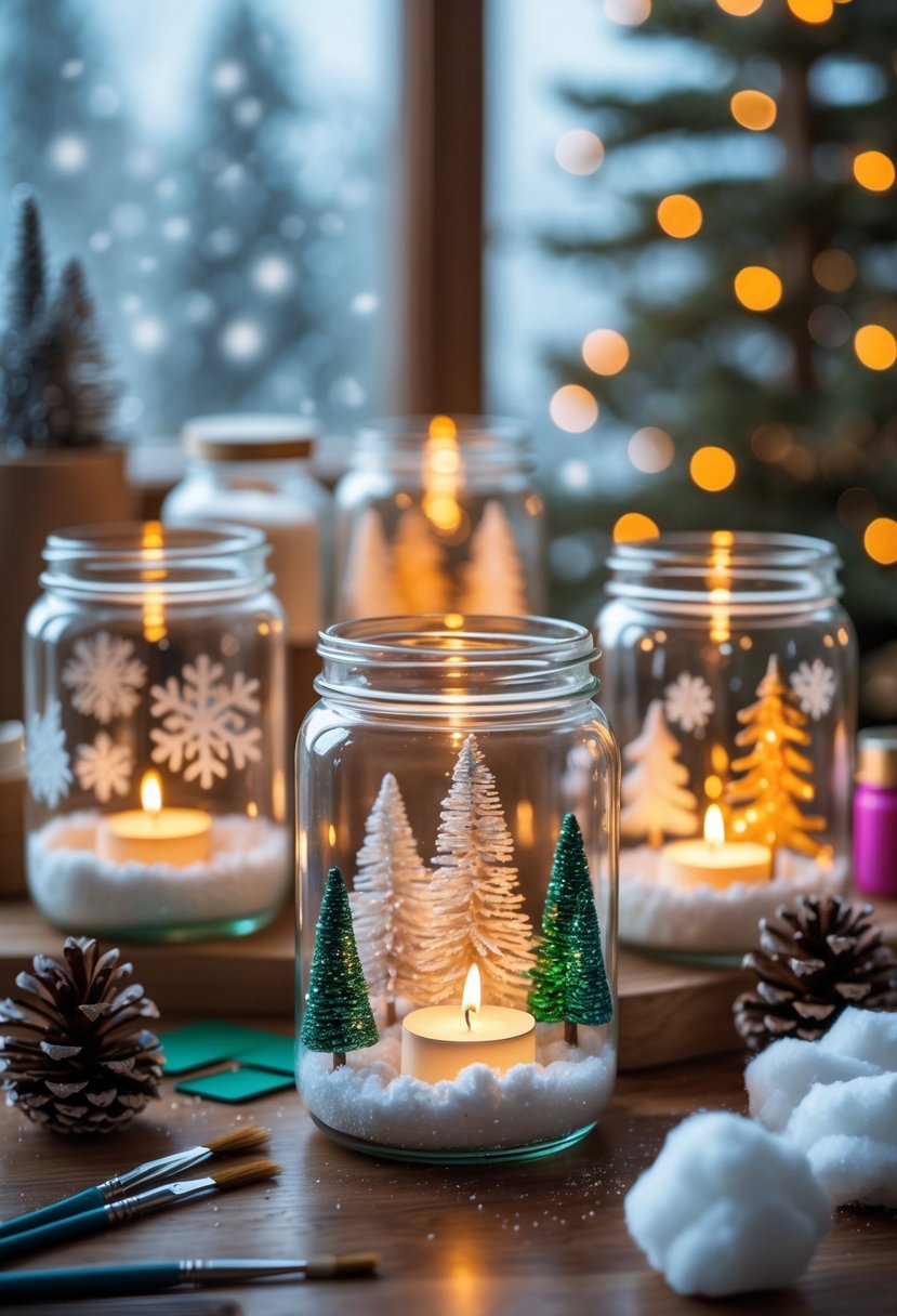 A collection of glowing glass jars decorated with winter-themed designs surrounded by craft supplies on a table.