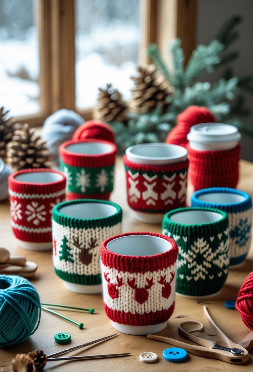 A table with colorful knitted cup cozies and knitting supplies surrounded by winter decorations.