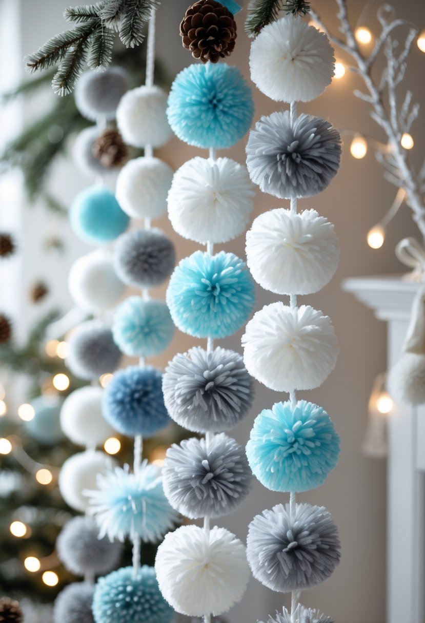 Colorful pom-pom garland hanging indoors with winter-themed decorations in the background.