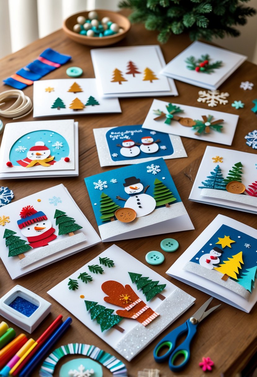 A table displaying handmade winter-themed greeting cards with crafting supplies scattered around.