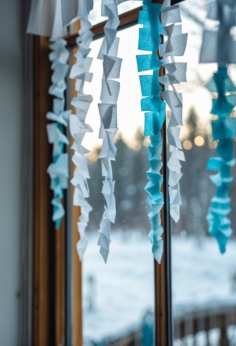 Window decorated with handmade tissue paper icicle crafts hanging from the top, with a snowy winter landscape visible outside.