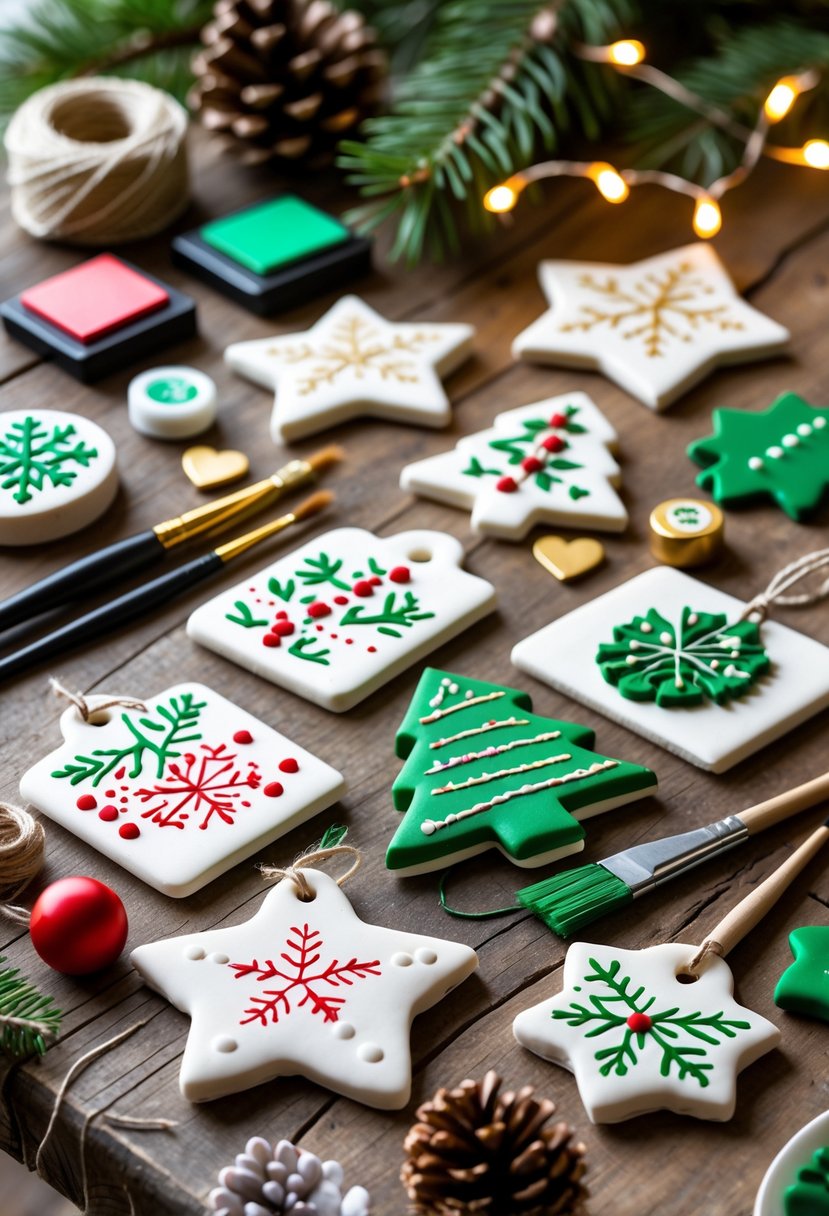 A table with stamped clay holiday gift tags, craft supplies, and festive decorations arranged for winter arts and crafts.