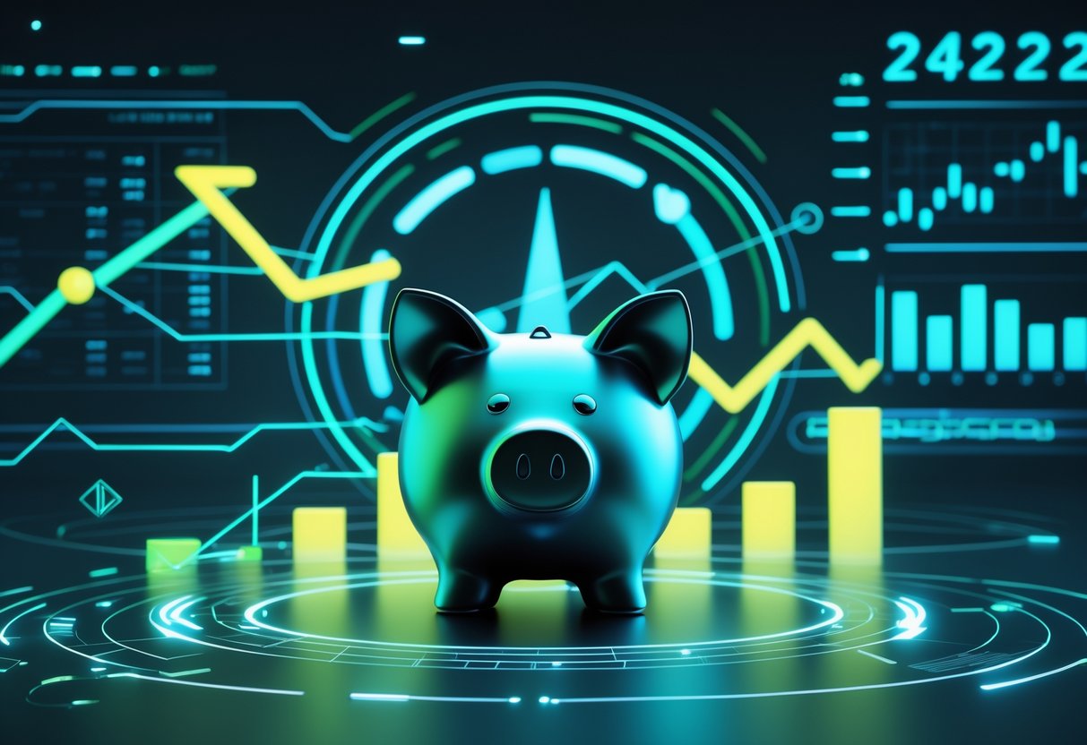Ilustrasi sebuah celengan babi modern dengan aliran data digital dan grafik di latar belakang yang menggambarkan informasi keuangan dan pola kemenangan terbaru.
