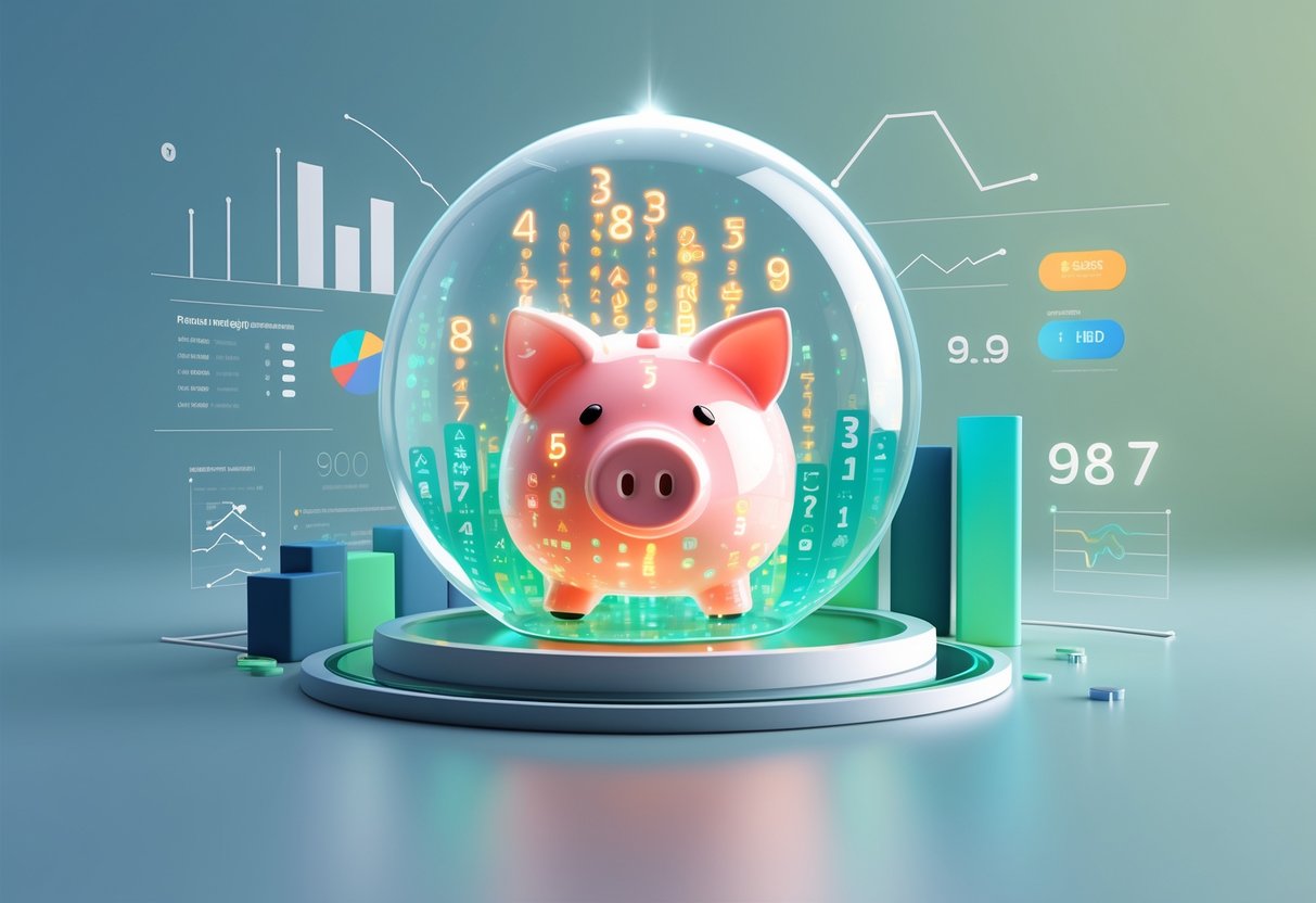 Ilustrasi sebuah celengan transparan yang diisi dengan aliran data bercahaya dan pola angka, dikelilingi oleh grafik dan simbol pola kemenangan.