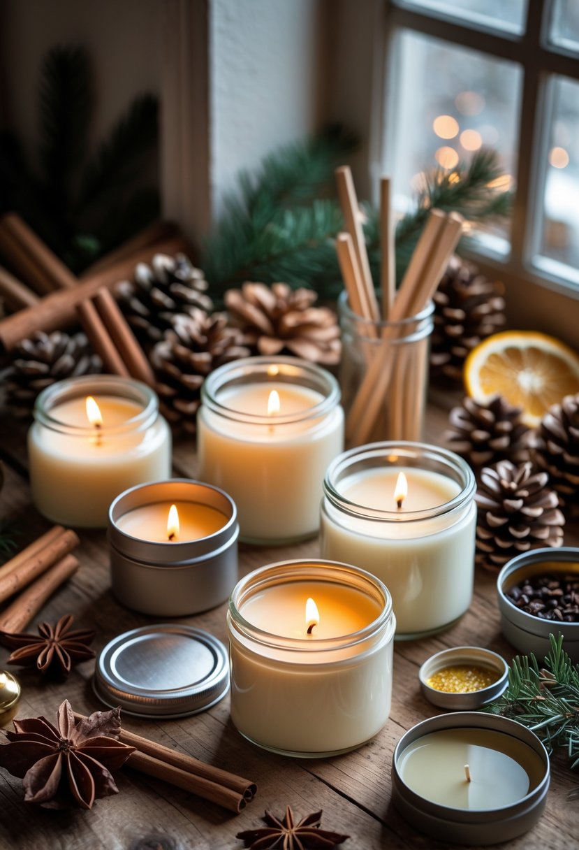 A table with handmade soy candles surrounded by winter spices and natural decorations, with crafting tools nearby.