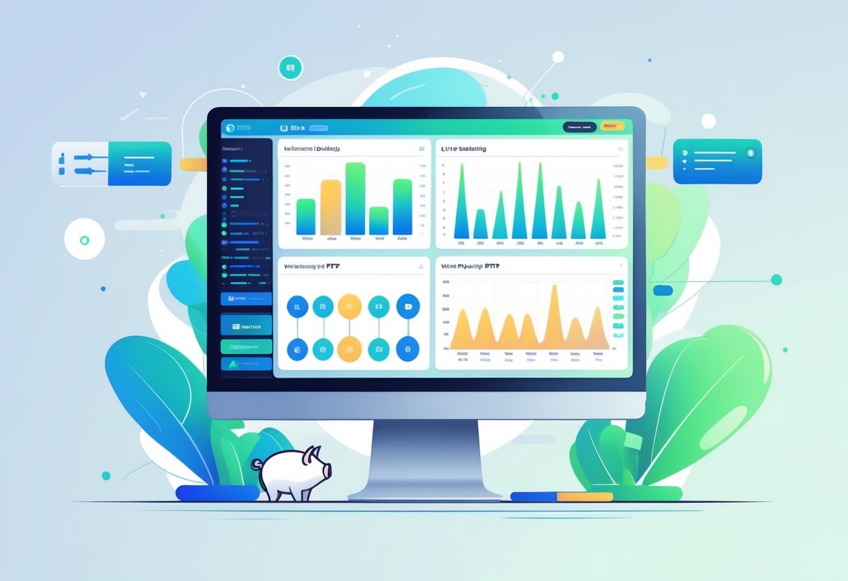 Ilustrasi layar komputer dengan grafik dan diagram data yang menunjukkan pola kemenangan dan analisis data RTP secara real-time, dengan ikon celengan digital di sampingnya.