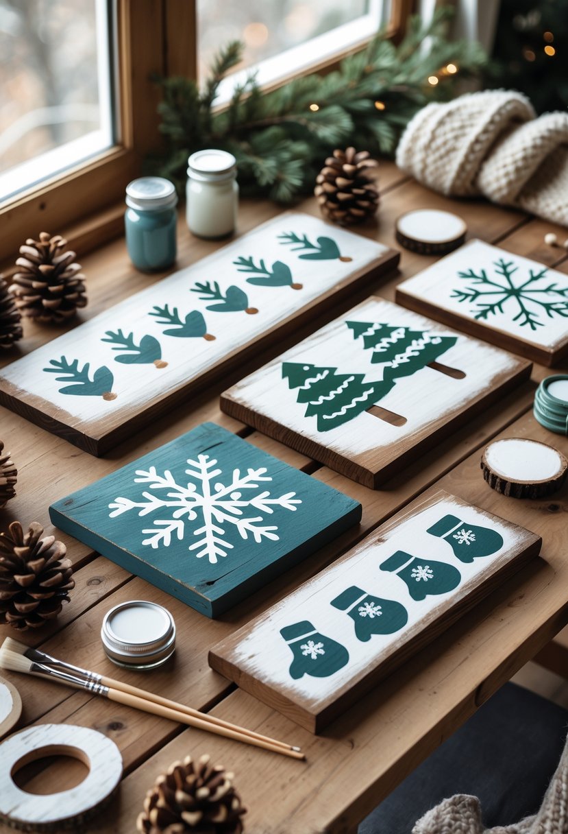 A table with hand-painted rustic wooden signs featuring winter designs surrounded by crafting supplies and natural decorations.