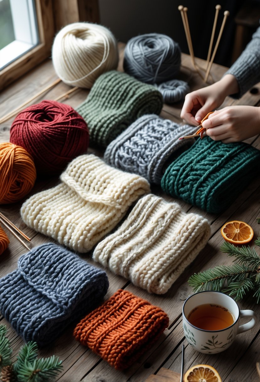 A table with chunky knitted wool scarves, knitting needles, balls of yarn, and a cup of tea, with hands knitting a scarf.