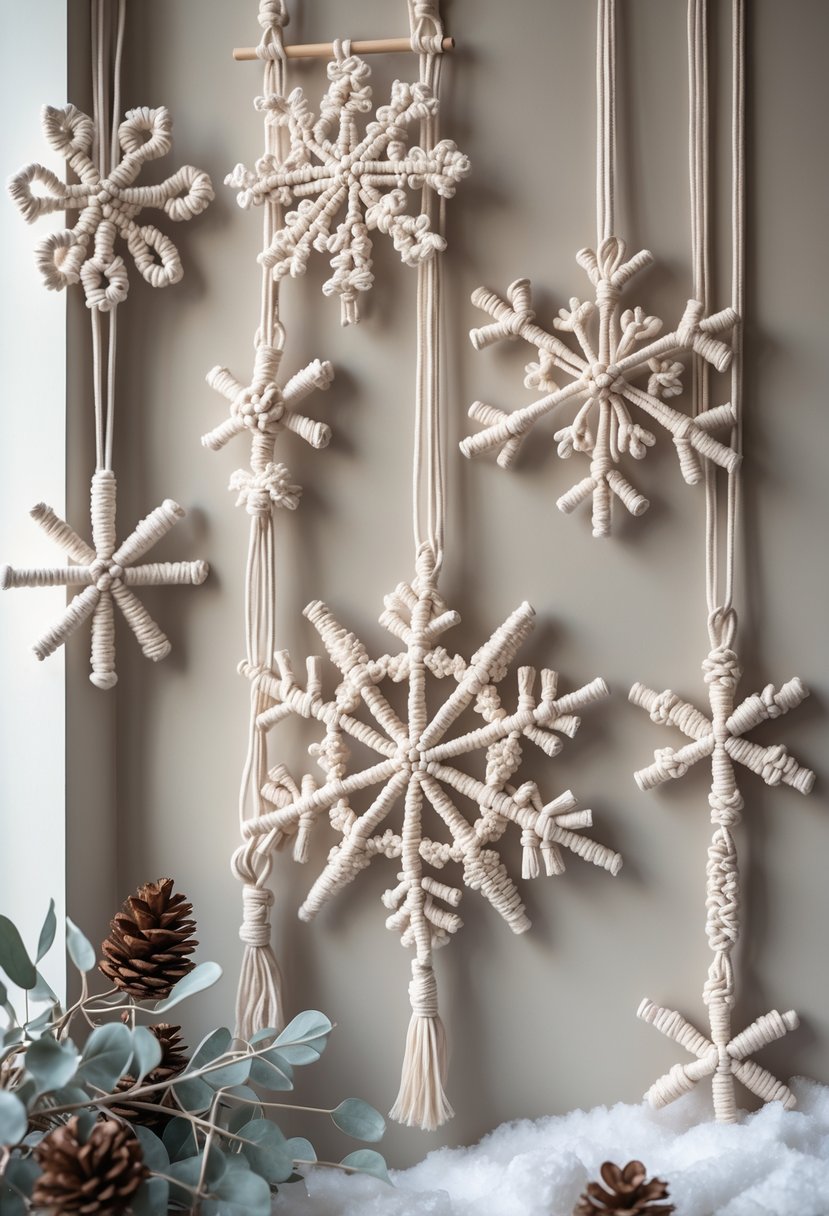 A collection of macrame snowflake wall hangings displayed on a light wooden wall with winter-themed decorations around them.