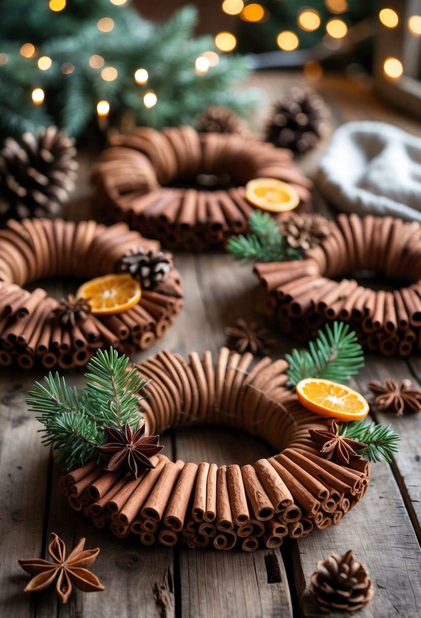 Several cinnamon stick wreaths decorated with pine cones, dried orange slices, and evergreen sprigs placed on a wooden table with soft winter lighting.