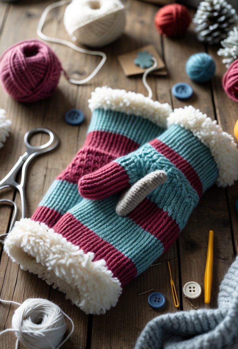 A pair of colorful upcycled sweater mittens on a wooden table surrounded by winter crafting materials like yarn, scissors, and buttons.