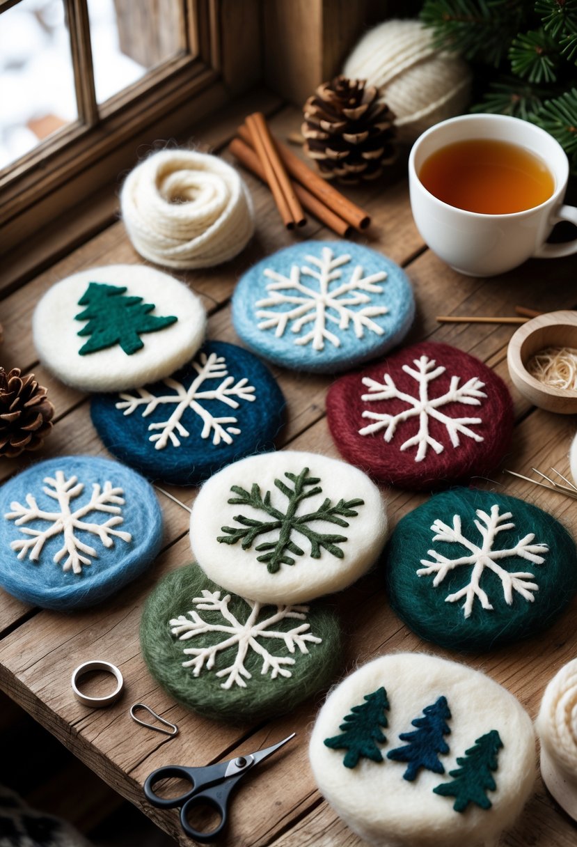 A set of colorful felted wool coasters with winter designs displayed on a wooden table surrounded by crafting supplies and winter decorations.