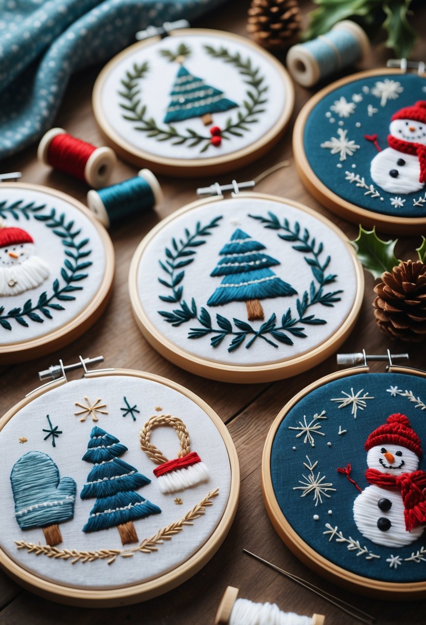 Five embroidery hoops with detailed winter-themed designs arranged on a wooden table with embroidery supplies and small winter decorations.