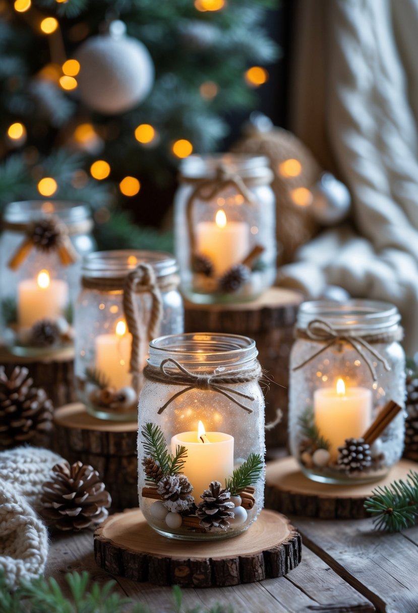 A collection of decorated mason jars with glowing candles arranged on a wooden table surrounded by winter-themed decorations.