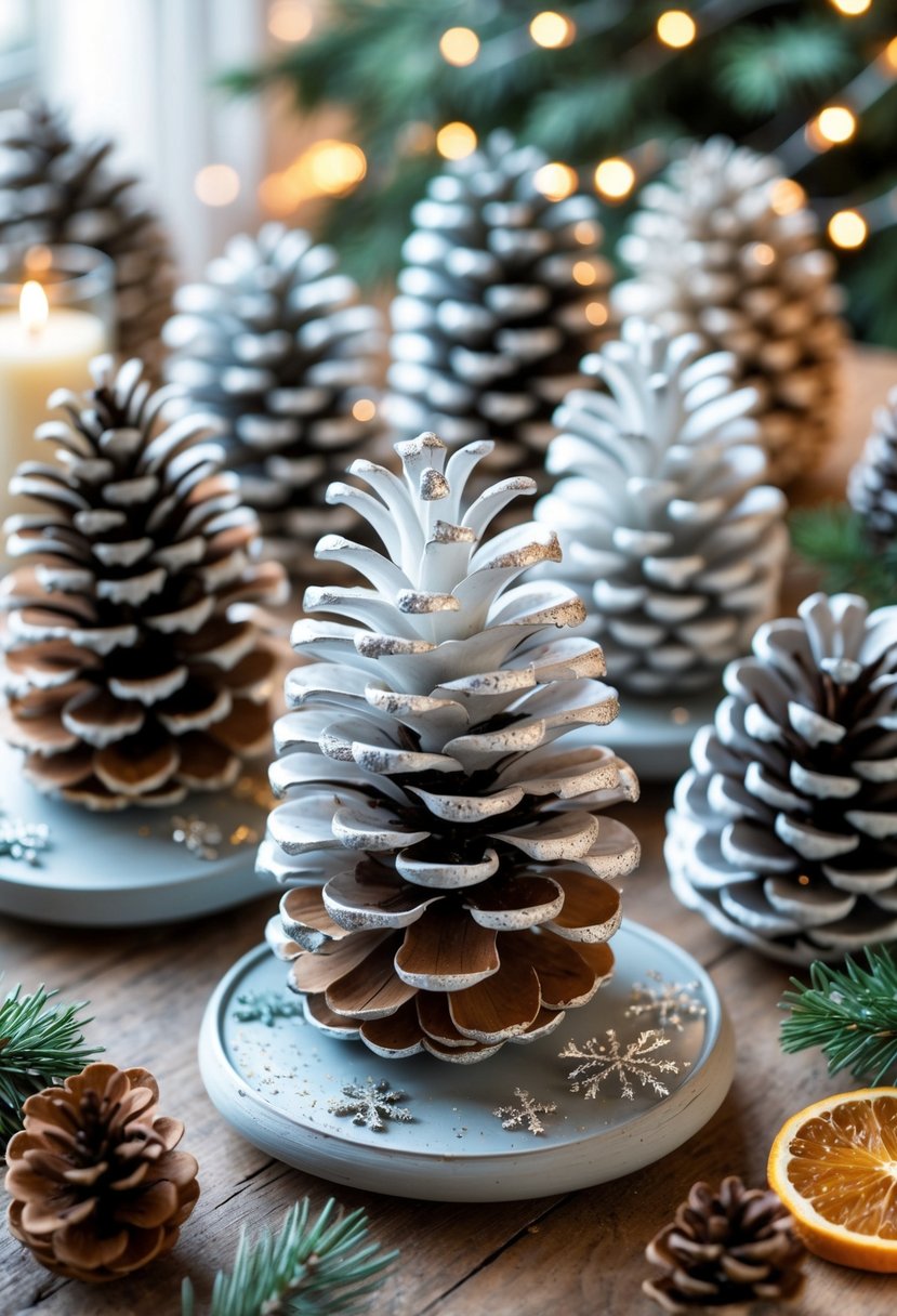 A table displaying multiple painted pinecone centerpieces decorated with winter-themed natural elements.