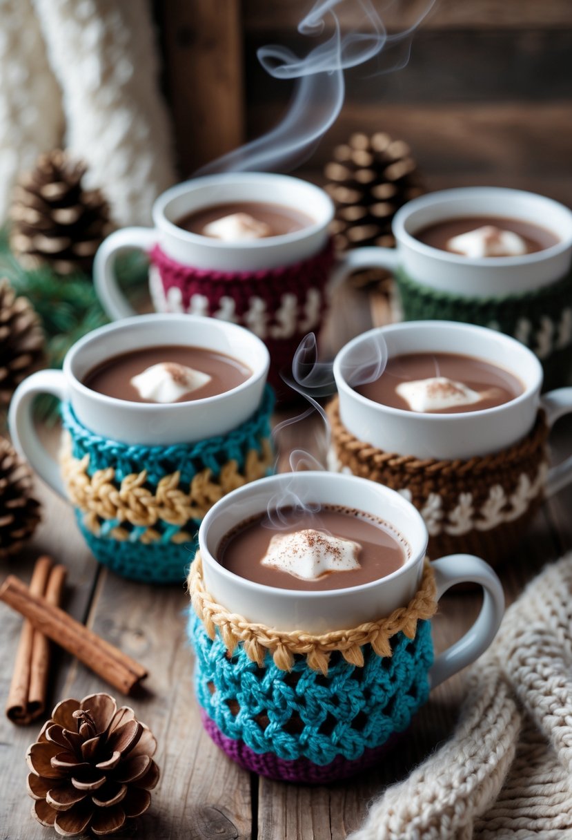 Mugs of hot chocolate wrapped in colorful crocheted cozies on a wooden table with winter decorations.
