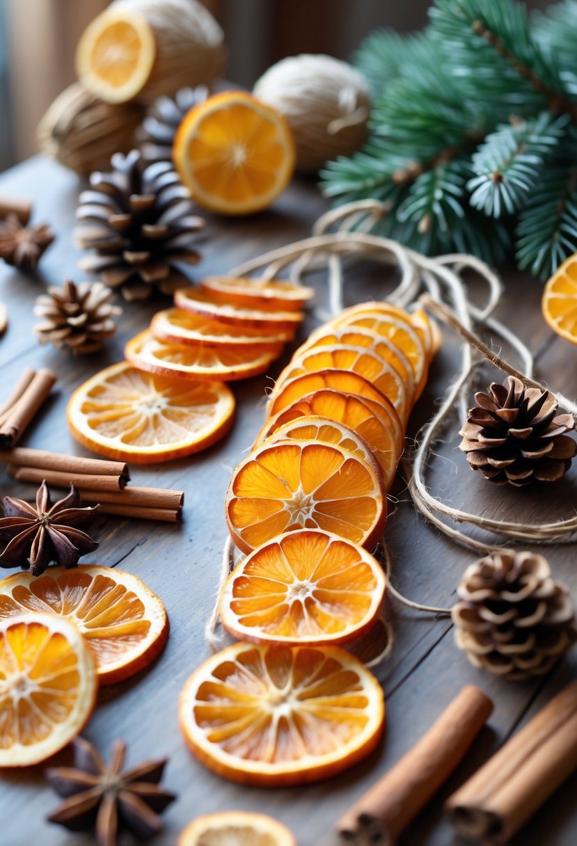 Close-up of natural dried orange slice garlands with cinnamon sticks, pinecones, and evergreen sprigs on a wooden table.