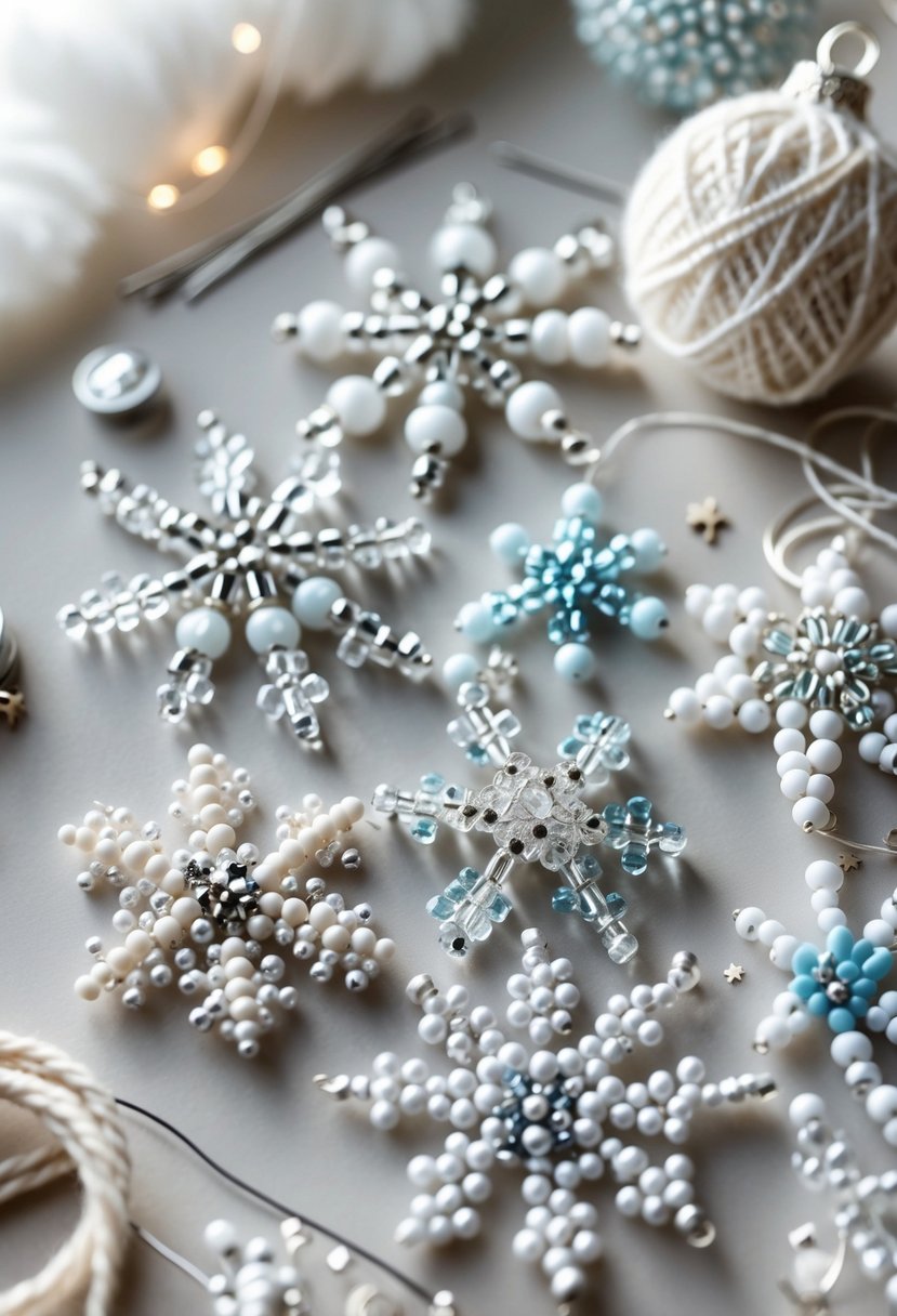 Close-up of several beaded snowflake ornaments displayed on a soft surface with crafting materials around them.