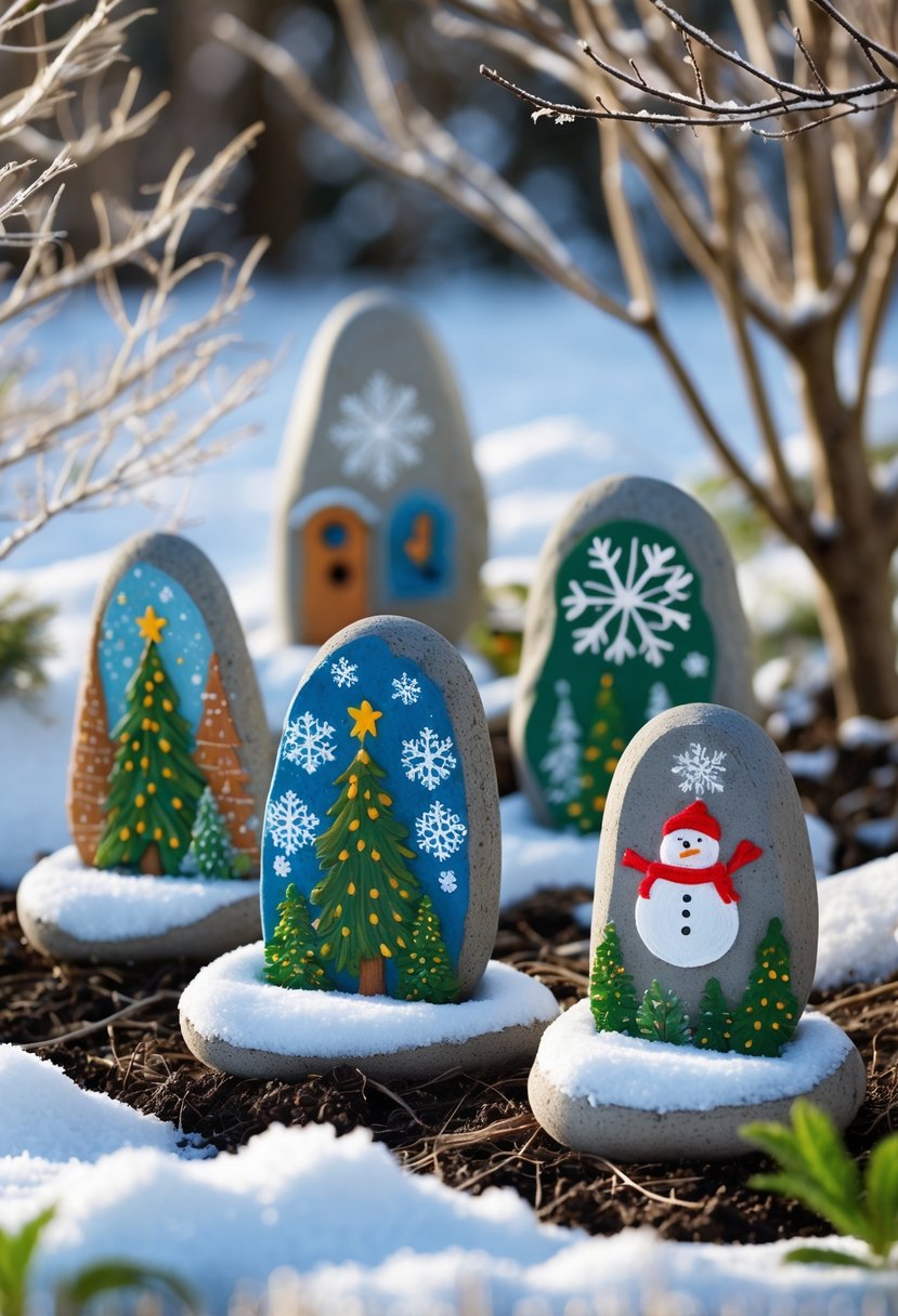 Snow-covered garden with hand-painted stone markers featuring winter-themed designs arranged among bare branches and frost-covered leaves.