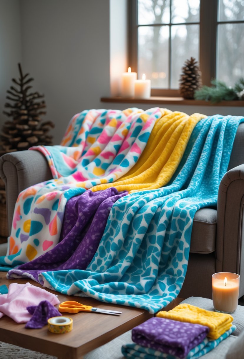 A cozy living room with colorful fleece blankets on a sofa, crafting supplies on a table, and winter decorations nearby.