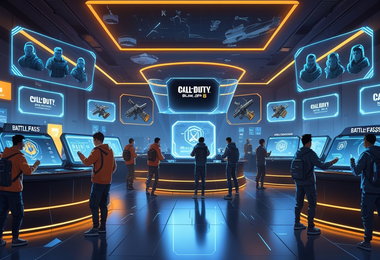 A futuristic gaming trading hub with holographic displays showing Call of Duty characters, weapon skins, and battle pass items, with gamers interacting using gesture controls.