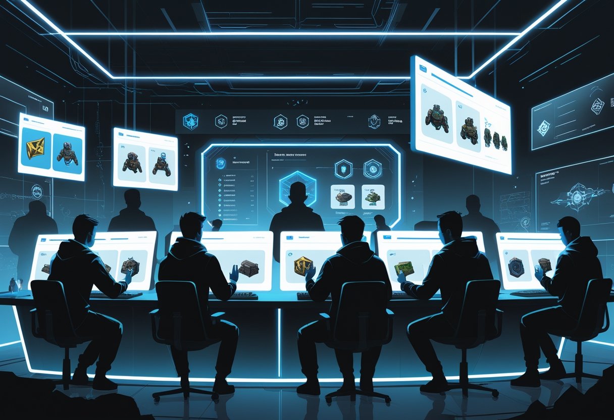 A futuristic digital trading hub with gamers interacting with holographic displays of in-game items like accounts, weapon skins, and battle pass bundles.