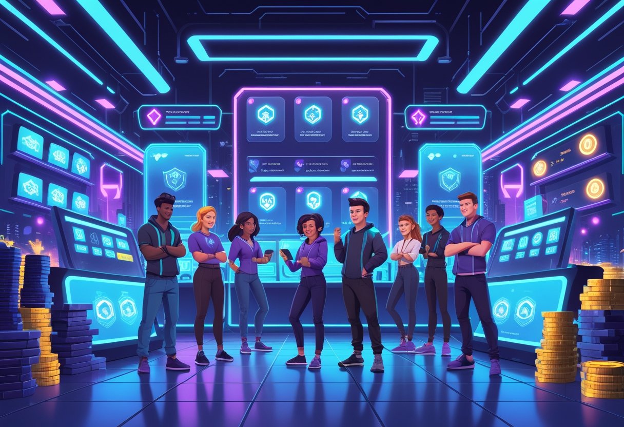A group of gamers interacting with futuristic digital displays showing in-game currency and character progress in a vibrant virtual marketplace.