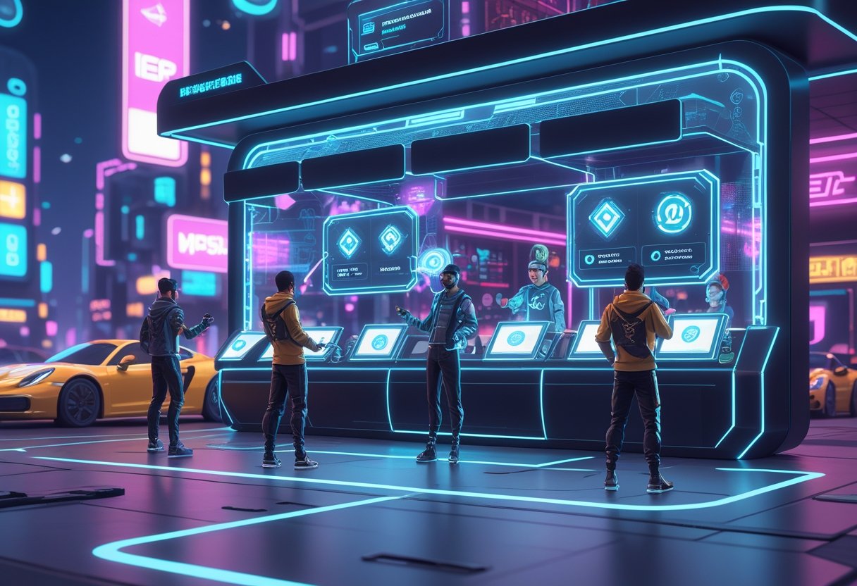 A digital marketplace scene showing gamers interacting with virtual interfaces and exchanging in-game services in a futuristic city environment.