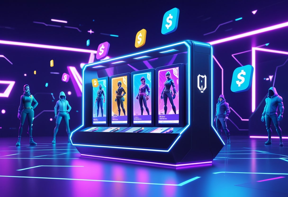 A futuristic digital marketplace displaying rare Fortnite skins and floating virtual currency icons, with silhouettes of characters in rare outfits in the background.