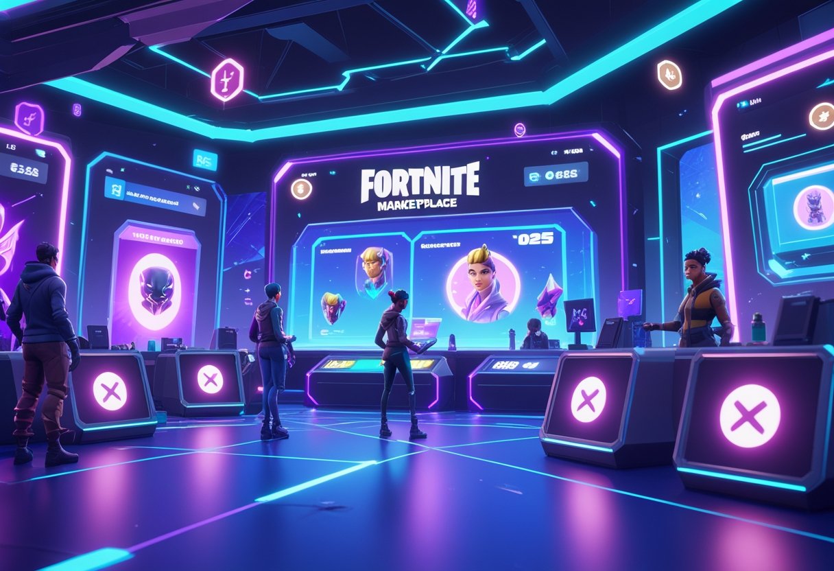 A futuristic virtual marketplace with holographic displays showing Fortnite skins, V-Bucks, and account profiles, with characters browsing digital items in a high-tech gaming environment.
