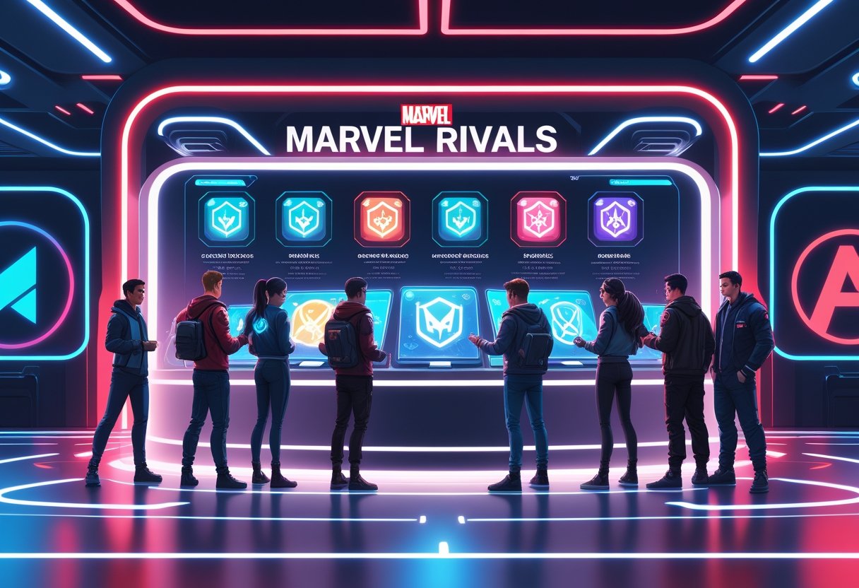 A futuristic digital marketplace showing gamers browsing holographic icons for accounts, skins, and power-ups with Marvel-themed elements in the background.
